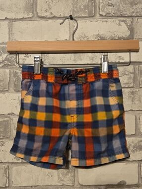 Mexx Boys Plaid Swim Trunks in Blue, Orange, Yellow and Cream